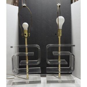 Pair Lucite Table Lamps 2 Lights Vtg Waterfall Clear Art Deco MCM 27" Geometric
